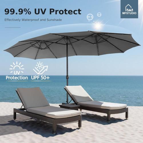 MFSTUDIO 15ft Double Sided Patio Umbrella with Solar Lights, Outdoor Large Umbrellas with Crank Handle and 36 LED Lights, Rectangular Market Umbrella with Base Included for Deck Pool Shade, Smoky Gray