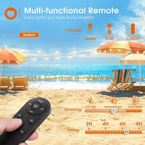 Black addlon 54FT Solar String Lights Outdoor Waterproof with USB Charging & Remote Control - Dimmable Solar Power Patio Lights with 26 LED Bulbs for Porch, Garden, Yard, Market, Bistro - Lasts 20  Hrs