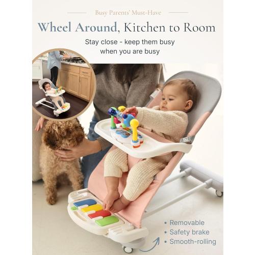 CuddoBaby Baby Bouncer 4-in-1 on Wheels, Detachable Pianos, Feeding Tray, 3-Level Recline Foldable Seat with Play Bar for Infant to Toddler 0-6, 0-12, 12-24 Months, Boy Gift Idea - Blue