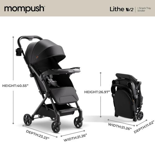 Mompush Lithe V2 Lightweight Travel Stroller, Compact Foldable Baby Stroller with Travel Bag, One-Hand Fold Stroller, Snack Tray, Mechanical Recline Seat, Airplane-Ready, UPF 50  Canopy & Rain Cover
