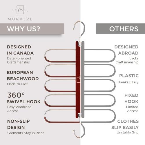 Pack of 2 Color Brown MORALVE Pants Hangers Space Saving - 2 Pack European Beechwood Scarf and Jean Hangers - Closet Organizer and Space Saver Pant Rack, Leggings Hanger, and Scarf Holder with 360° Swivel Hook