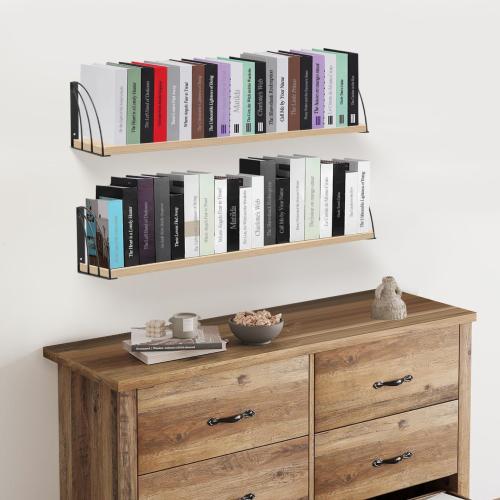 Long 48 Inch Oak Wall Bookshelf- Curved Fan-Shaped Design with Built-in Anti-Slip Book Stops|0.71 Thicker Heavy Duty White Oak Floating Shelves|Floating Book Shelf for Wall,Home Décor Set of 2