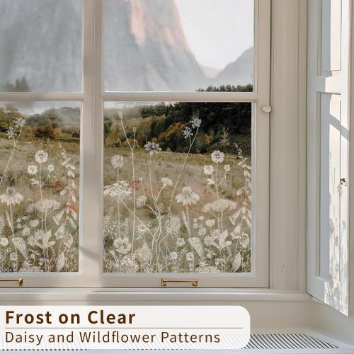 Botanical Etched Glass Transparent Window Film Decorative Glass Window Decor, Thickened Floral White Frost Decorative Window Film, Daisy and Wildflower 22.83X47.24