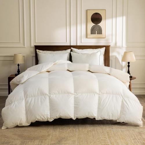 BPC Heavyweight Organic Feather Down Comforter Queen Size, Hotel-Luxury Extra Fluffy Duvet Insert with Cotton Cover and Puffy Feather Down Filling for Winter, Ivory White, 90x90 Inches