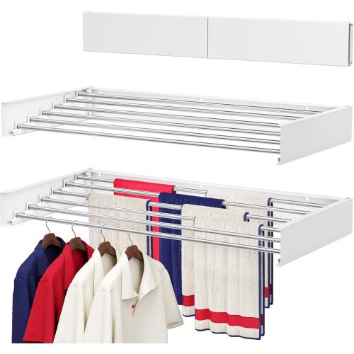 Wall Mounted Drying Rack 40, Foldable Laundry Drying Rack with Stainless Steel Rods, Retractable Laundry Space Saver for Indoor & Outdoor Use, Include Wall Template