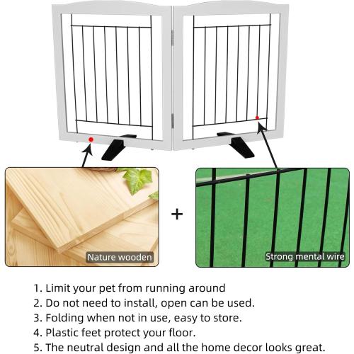 ZJSF Freestanding Dog Fence Indoor, Foldable Dog Gate for Doorways, Stairs or Hallways, Sturdy Wood Extra Wide Pet Gate with Support Feet for The House, White, 24 Height-2 Panels