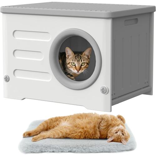 Outdoor Feral Cat House Weatherproof with Cushion (Grey and White) | Heavy-duty Plastic,Elevated Stackable Structure,Insulated Outdoor Cat Shelter,All-season Indoor Use,Ideal for Yard,Porch Barn