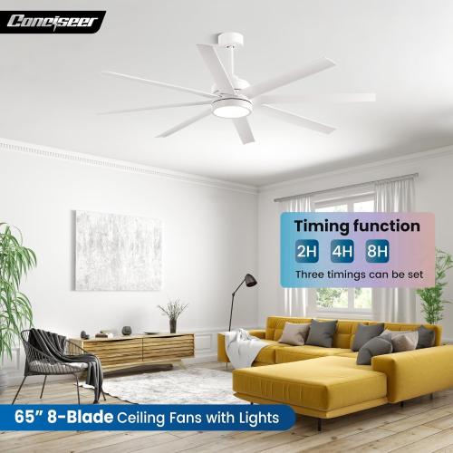 Modern Ceiling Fans with Lights, 65 Inch Ceiling Fan with Light and Remote for Bedroom Living Room Kitchen Office, Indoor/Outdoor Use, 24W 6CCT 8 Blades 6 Speed Reversible Quiet DC Motor, White