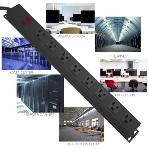 HHSOET Metal 8 Outlet Mountable Power Strip, Wall Mount Outlet Heavy Duty, Wide Spaced Commercial Shop Power Strip with Switch, 15A 125V 1875W, 6 FT SJT 14AWG Power Cord.(Black)