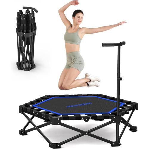 HXD-ERGO 42'' Foldable Mini Trampoline, Rebounder Trampoline with Adjustable Foam Handle, Fitness Trampoline for Indoor, Outdoor, Home Gym, Max Load 460lbs