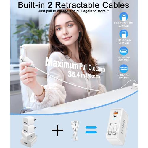 4 in 1 Retractable Wall Charger with Dual Cables,40W Retractable Phone Charger Wall Plug with Dual USB Ports,20W USB C Chargers Block Fast Charging for iPhone 17 16 15 14 13,LG, Galaxy S24 23,Pixel
