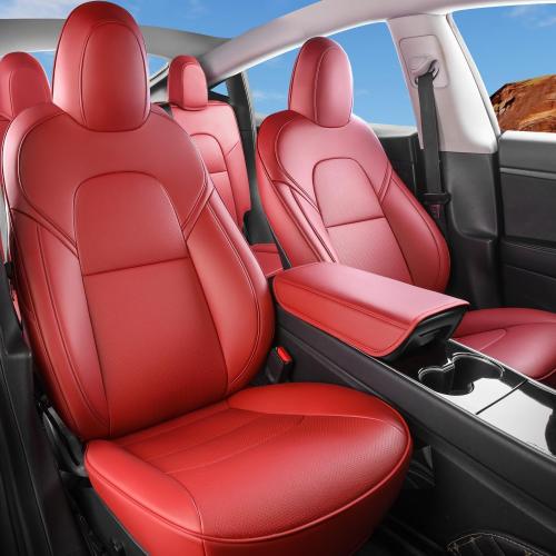 Tesla Model Y Car Seat Covers Nappa Leather Car Interior Seat Airbag Compatible Cushion Cover Full Set Custom Fit 2024 2023 2022 2021 2020, Nappa Wine Red