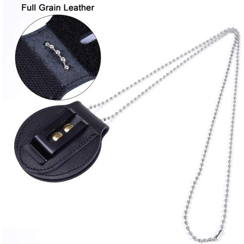 Wisdompro Cowhide Leather Police Badge Holder Belt Clip with Chain, Circle | Round Shape, Mn-steel Clasp, Stainless Bead Neck, Hook and Loop Closure Pocket Case, Heavy Duty, for Law Enforcement, Sheriff