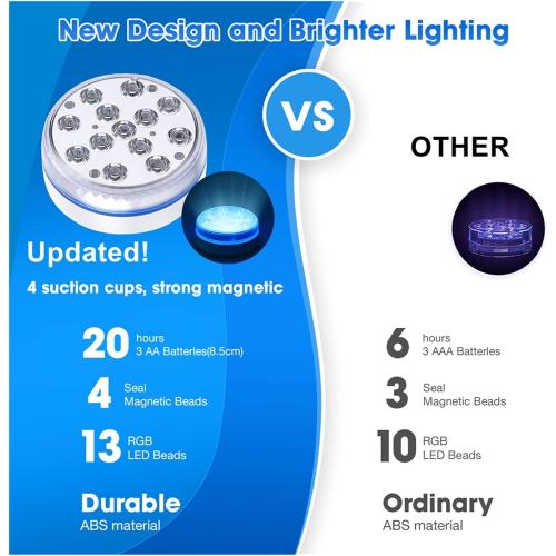Submersible LED Lights with Remote Underwater Pool Light IP68 Magnet 13 LED Bright Lamp RGB for Pond/Pool/Aquarium