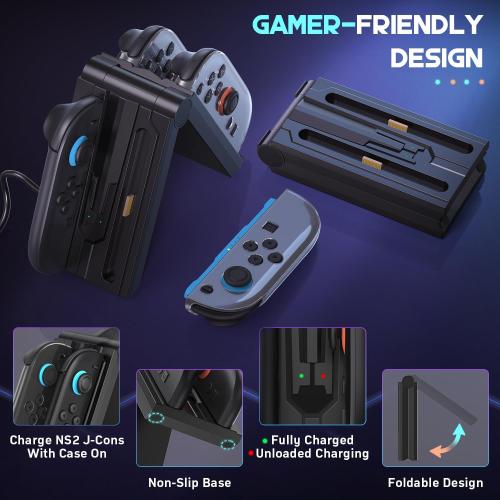 innoAura Switch 2 Charging Dock J-Con, 4 in 1 Fast Charger Station with LED Indicator, Foldable & Magnetic, Travel-Friendly, Switch 2 J-Con Accessories with 3FT USB C Cable