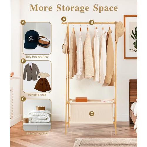 Bamboo Clothes Rack with Storage Box, Portable Extra Large Garment Rack Clothing Rack, Foldable Wardrobe For Entryway and Bed Room (M)