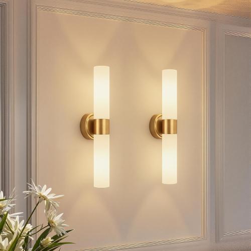 Wall Sconces Set of Two, Modern Bathroom Sconces Wall Lighting with Milky White Glass, Brushed Gold Sconces Wall Decor Set of 2 for Bathroom Mirror Bedroom Living Room Hallway (HARDWIRED)
