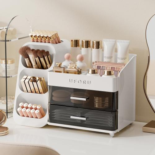 Color White Makeup Organizer for Vanity with Brush Holder, Countertop Organizer with 2 Drawers, Spacious Cosmetic Display Case for Beauty Essential, Skincare, Lipstick