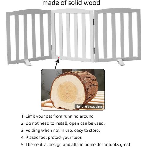 Freestanding Dog Gate Indoor,Doggie Gate Foldable Dog Gates for Doorways,Stairs or Hallways, Wooden White Pet Gate for The House, Pet Fence with Support Feet Included,32 Height-3 Panels