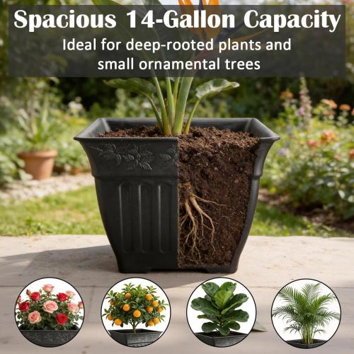 BTPLASTIK 18 inch Large Square Planter for Plants - 4 Pack Decorative Black Plastic Flower Pots with Drainage Holes & Raised Base, 14 Gallon Vintage Garden Pot for Outdoor, Patio, Porch (15 Tall)