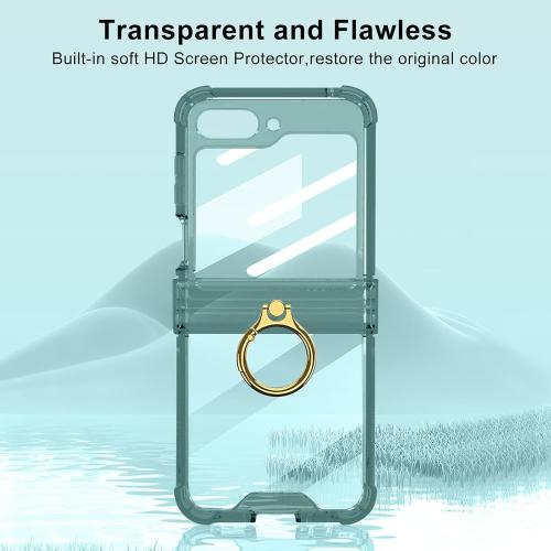 for Samsung Galaxy Z Flip 6 Clear Case Luxury Hinge Protection with Ring Holder & Screen Protector Soft All-Inclusive Shockproof Cover (Green)