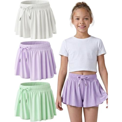 3 Pack Girls Flowy Shorts with Spandex Liner 2-in-1 Youth Butterfly Skirts for Fitness, Running, Sports