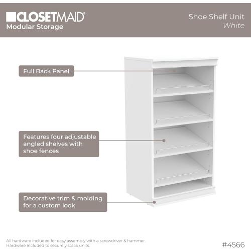 ClosetMaid Modular Storage Angled Shelves, Wood Closet Organizer Adjustable, Stacking, Full Backer, Decorative Trim, White, Shoe Shelf Unit