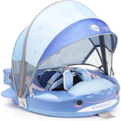 Blue Shark Mambobaby Baby Pool Float with Canopy & Tail Baby Swim Float Non-Inflatable Solid Baby Float Soft Waterproof Skin-Friendly Material Infant Swim Float for 3-24 Months Baby Boys Girls(Shark)