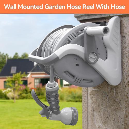 Flora Guard Garden Hose Holder With 1/2 Inch 65Ft Freeze-resistant UV Software, Hose Reels Wall Mount, Removable Hose Reel, 3/4 Pressure Fitting and 9-Pattern Nozzle, Gray