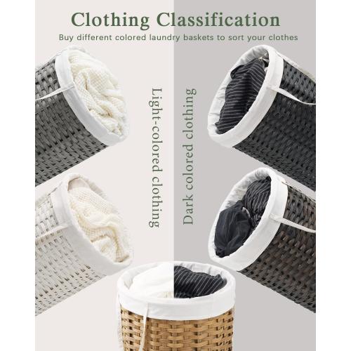 SETVSON Laundry Hamper with Lid 23.8 Gal (90 L) PE Rattan, Natural | 90L 23.8 Gal Round PE Rattan Hamper with Lid, Removable Washable Liner Bag, 2 Mesh Wash Bags, Steel Frame, Handles
