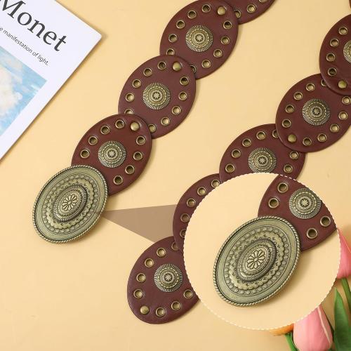 Womens Western Cowgirl Disc Belt, Vintage Wide Cowgirl Leather Oval Belts with Oval Buckle, Boho Leather Hollow Out Round Western Cowboy Cowgirls Waist Belt