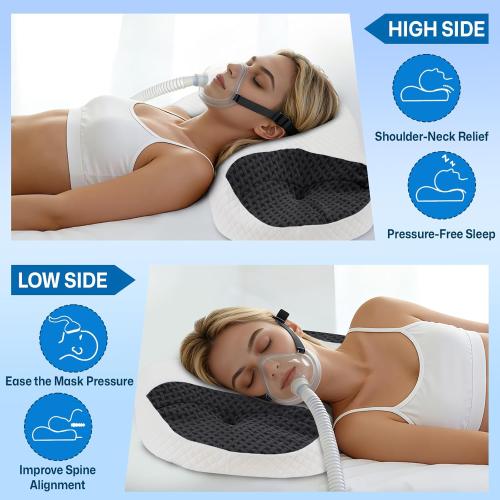 CPAP Pillow for Side & Back Sleepers - Mask Compatible Contour Design to Reduce Leaks, Breathable Memory Foam Pillow with Ergonomic Support & Hose-Friendly Cutouts for Comfortable Sleep, Black
