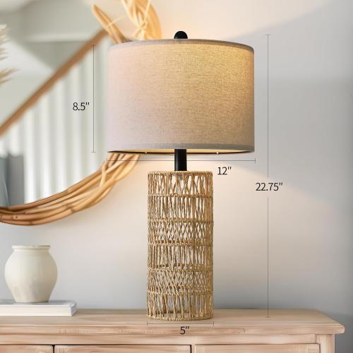 OYEARS 22.5 Boho Table Lamps Set of 2 for Living Room, Bedside Lamp for Nightstands, Rattan Lamp for Bedroom, Farmhouse Table Lamp for Room Decor, End Table, Retro, Brown（Not Include Bulbs）