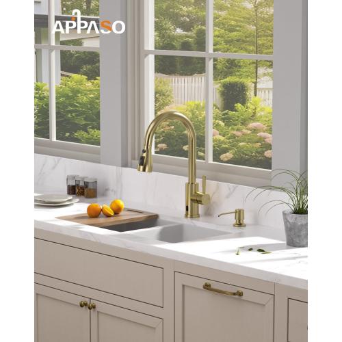 APPASO Touchless Kitchen Faucets Gold, Brushed Gold Kitchen Faucet Touchless, Touchless Kitchen Faucet with Pull-Down Sprayer and Soap Dispenser, Stainless Hands Free Faucet for Kitchen Sink 2-4 Hole