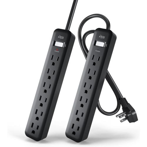 KMC 6-Outlet Power Strip, 2-Pack, Black Power Strips, 2ft Short Extension Cord with Multiple Outlets, 6 AC Power Outlet Strip, Flat Plug Powerstrip, 2pk, Black