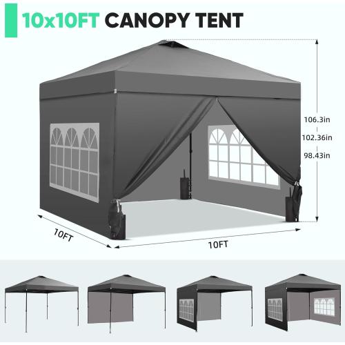 GDY 10x10 Pop Up Canopy Tent with 4 Sidewalls, Easy Set up with One Push Lift Outdoor Silver Coated Beach Gazebos, Carpas with 4 Sandbags, for Events, Parties,Camping, Gray.