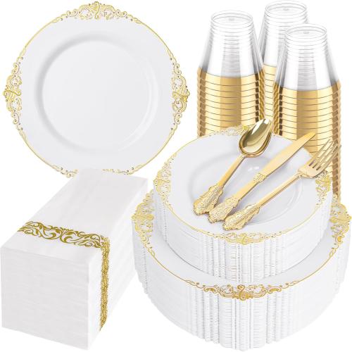 Hioasis 350pcs White and Gold Plastic Plates - Elegant Disposable Dinnerware Set Include 10.25 Dinner & 7.5 Dessert Plates, Knives, Forks, Spoons, Napkins, Cups for Party & Thanksgiving