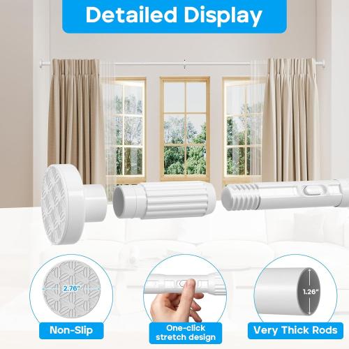 Tension Curtain Rod White Shower Rod 40-118IN Long Curtain Rods No Drilling Adjustable Tension Rods of Shower or Bathroom Outdoor Window Patio Diameter 1.26In