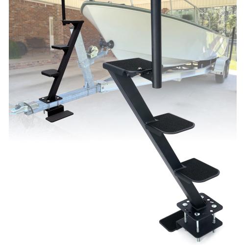 Boat Trailer Step Ladder, 4-Step with Safety Handle, Non-Slip Surface, Universal Trailer Tongue Mount, Black (4 Step)