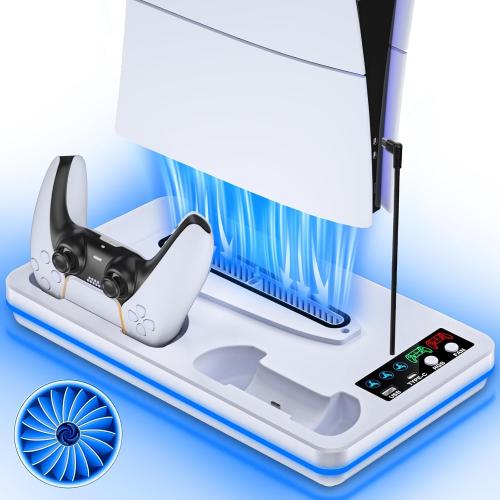 for PS5/PS5 Slim/PS5 Pro Stand and Cooling Station with Controller Charging Station for PlayStation 5 Slim&Standard Disc/Digital Console, 10 Light for PS5 Cooler Accessories Incl 3 Levels Cooling Fan