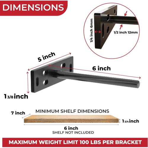 Set of 4 Floating Shelf Brackets Heavy Duty (1/4 inch Thick Baseplate) Painted Black Mild Steel/ Bracket for Hidden Wall Shelves Support Hardware Mount Kitchen/Nursery Decor (6 inch Rods)
