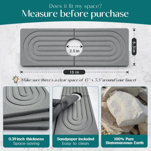 Faucet Mat for Kitchen Sink - Wider Diatomite Fast Drying Stone Sink Tray, Super Absorbent, Prevents Moisture Buildup - Faucet Splash Guard for Bathroom Counter (Grey, 15x5.3inch)
