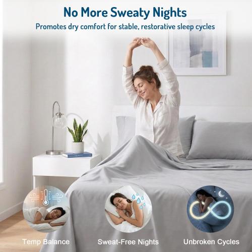 Degrees of Comfort Coolmax® Cooling Bed Sheets Queen Size for Hot Sleepers, Moisture Wicking Sheet Set for Night Sweats, Deep Pocket, Ultra Soft, Cozy for Summer, Light Grey 4 Pieces