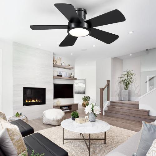 Dannilong 40 inch Modern Ceiling Fans with Lights Remote/APP Control, Low Profile Reversible Ceiling Fans Flush Mount 6 Speeds Ceiling fan Light for Patio Kitchen Bedroom, Black