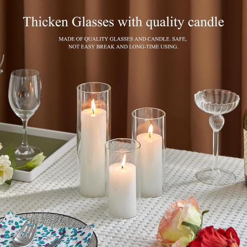 Set of 6 White Pillar Candles with Clear Glass Hurricane Holders- Elegant Cylinder Candle Vases for Weddings, Parties, Centerpieces, Home & Office Decor (White, 6 Set)