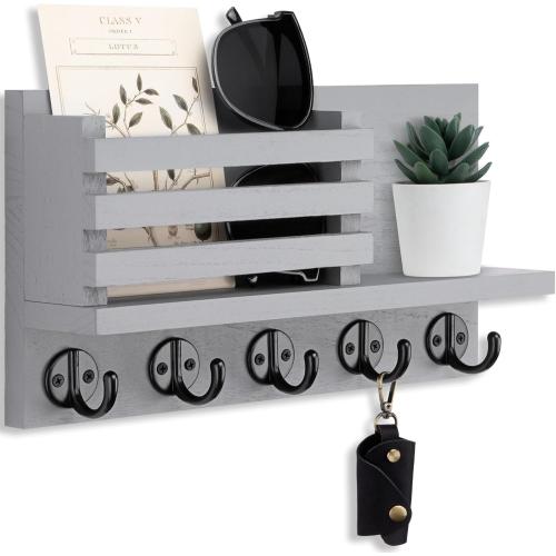 Key Holder for Wall – Decorative Wooden Mail Holder and Key Shelf with Mounting Hardware, Installation Guide – Paulownia Wood with 5 Metal Key Hooks (11.8” x 6.7” x 2.8”)