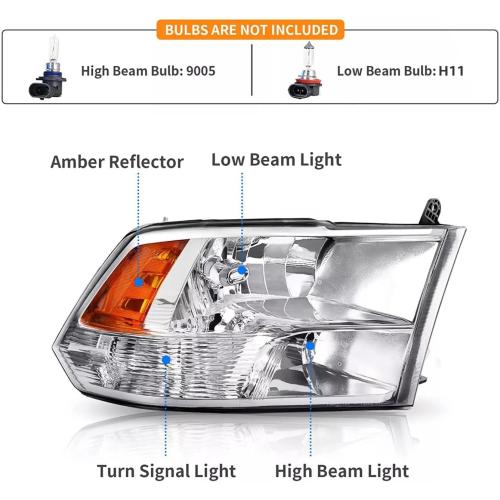 2PCS Headlights Assembly Set For 2009-2018 Dodge Ram 1500 2500 3500/2019-2022 Ram 1500 Classic Replacement Headlamp Chrome Housing Clear Lens Amber Reflector Clear Lens(LH&RH)