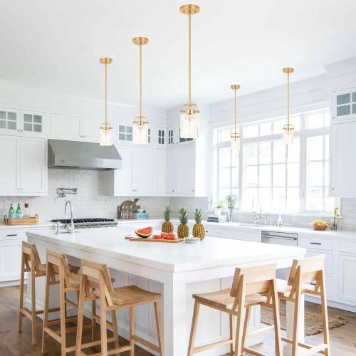 Color brass ALICE HOUSE Mini Modern Pendant Lighting Over Kitchen Island, Brushed Brass Hanging Lamp, Contemporary Farmhouse Glass Pendant Light for Dining Room, Bathroom, ETL Listed, AL2218-P1