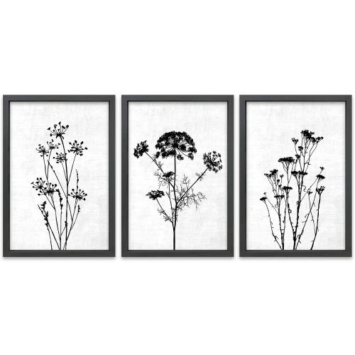 TQianJiang Flower Plant Wall Decor 16x11 Black And White Set of 3 | Botanical Painting, Wood Framed, Bedroom Office, Abstract Wildflower Sign Hanging Art