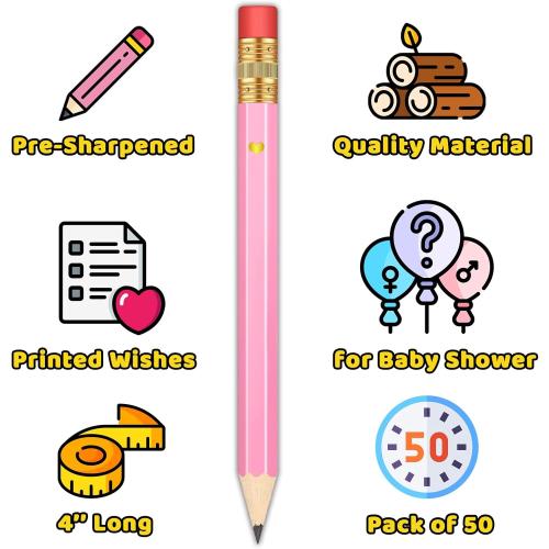 50Pcs - Baby Shower Sharpened Half Pencils with Erasers, Pre-sharpened Pencils for Baby Shower Games, 4 Inches